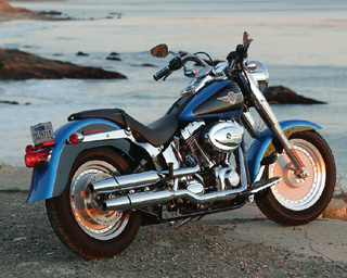 The Fat Boy's unique disc wheels can cause some side-wind issues. Our test unit had an accessory headlight and other goodies. 